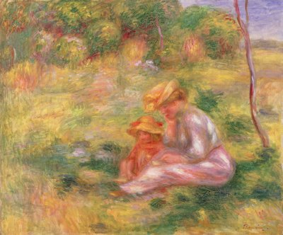 Vrouw en kind zittend in een veld, c.1898 door Pierre Auguste Renoir